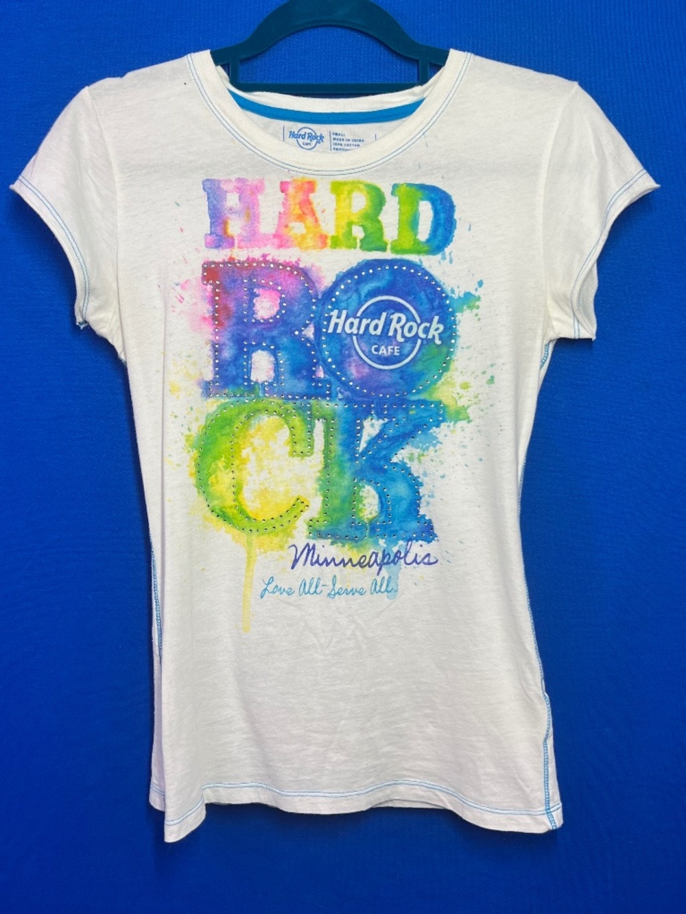 |•HARD ROCK CAFE•| White Multicolor Rhinestone Minneapolis MN T-Shirt Size Small - Picture 2 of 10